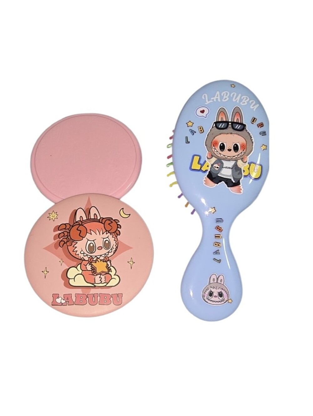 #B48 Labubu Kids Hair Brush and Compact Mirror Set - Pink & Blue